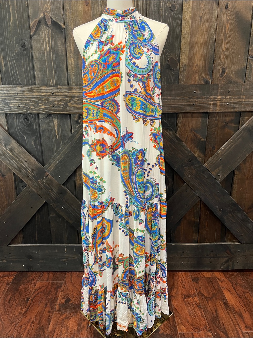MSK White Multi Paisley Maxi Dress M Halter Flowy Boho Chic Vibrant Artsy Garden